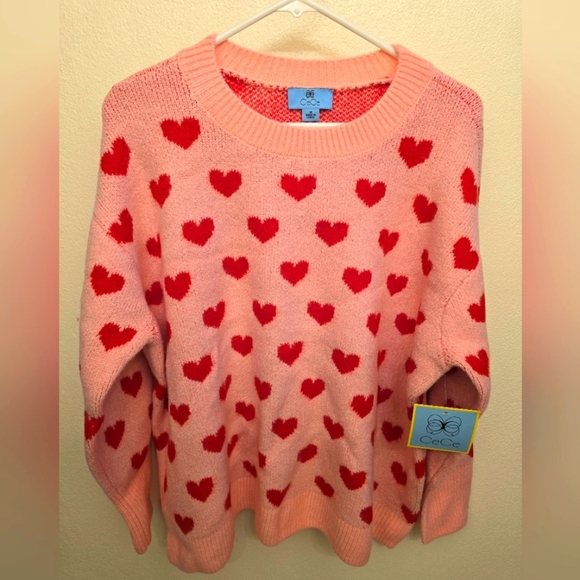 CeCe Sweaters - NWT CeCe Ladies Pink and Red Heart Crewneck Sweater